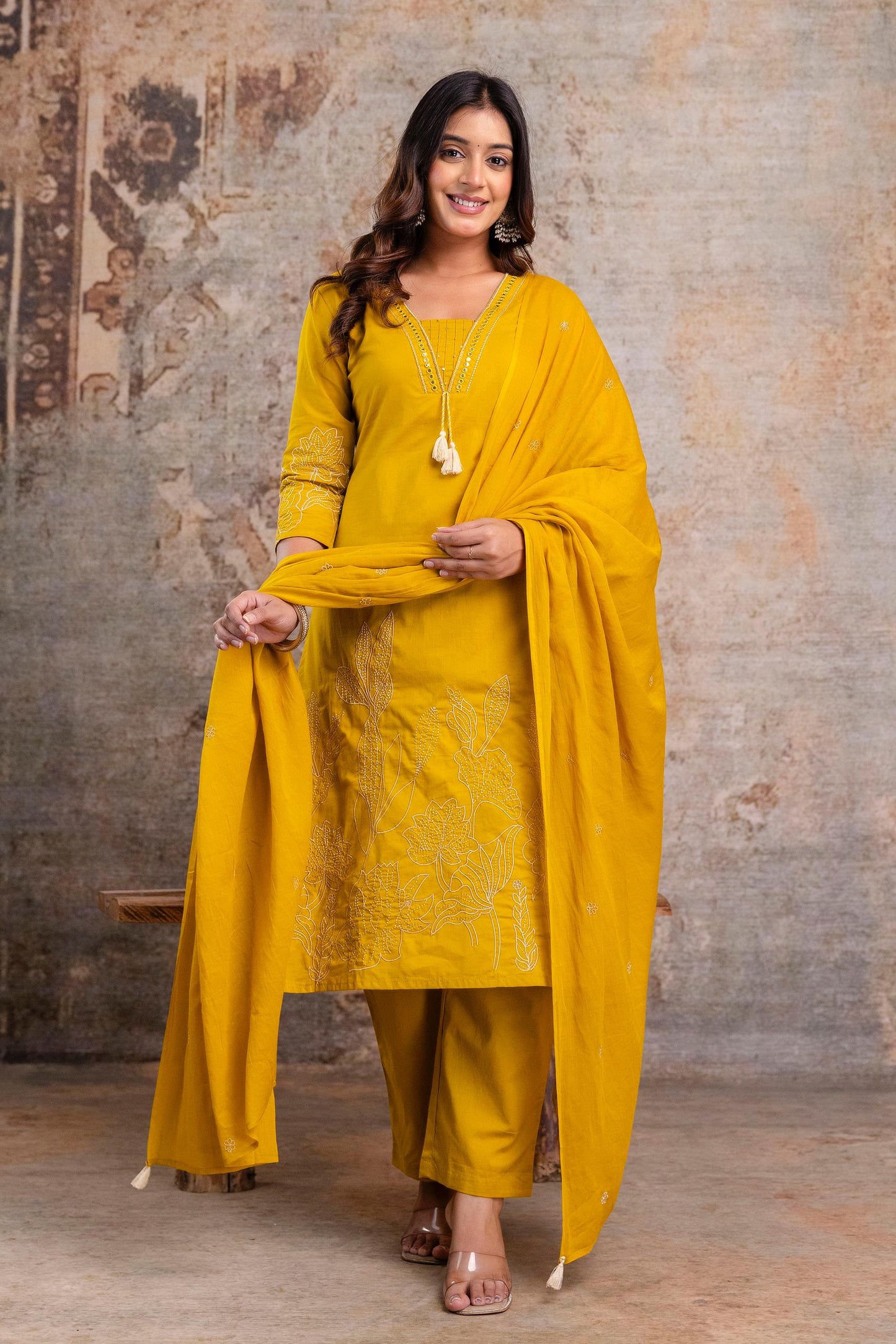Mustard Yellow Embroidered Cotton Kurta Set with Dupatta – Women’s Ethnic Wear