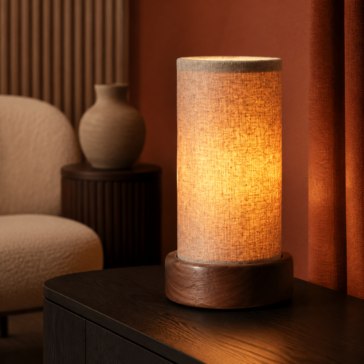 Woven cylinder lamp on dark sideboard in terracotta corner with boucle chair
