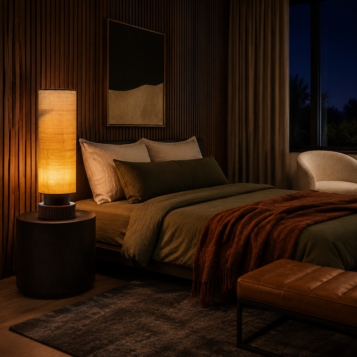 Tall cylinder lamp casting warm amber glow in moody dark bedroom at night