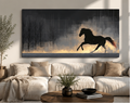 Black stallion running canvas above cream sofa with round coffee table and olive tree in warm minimalist living room