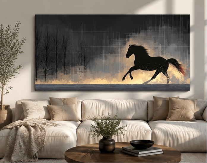Black stallion running canvas above cream sofa with round coffee table and olive tree in warm minimalist living room