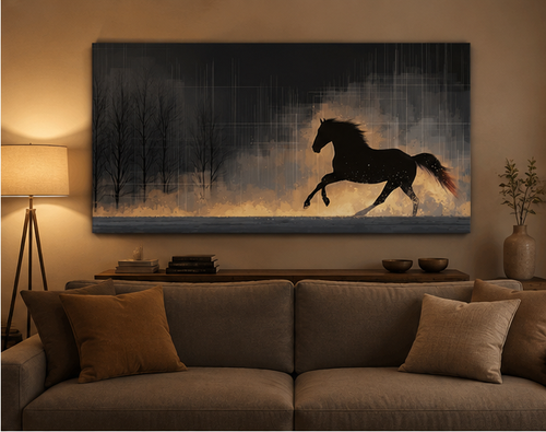 Black stallion panoramic canvas above wood sideboard with tripod lamp and ceramic vase in amber-lit living room