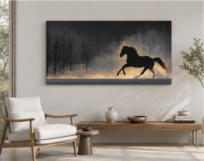 Black stallion running painting above wood bench with white vases and bowl in bright Japandi living room