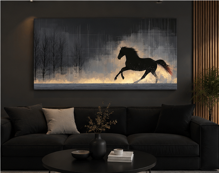 Dramatic black stallion canvas dominating dark-walled luxury living room with black sofa and moody lighting