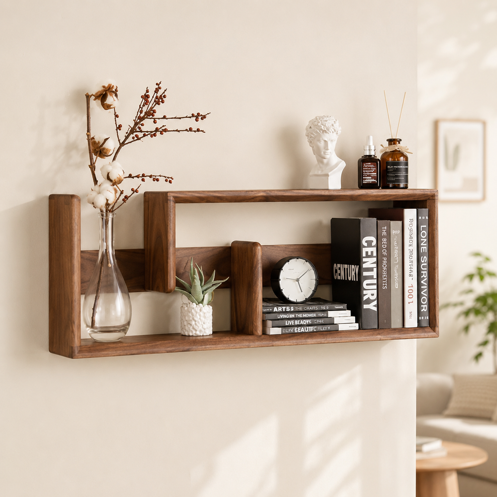 Wide walnut S-shape shelf with Greek bust, reed diffuser, books and plant in sunlit Japandi living room
