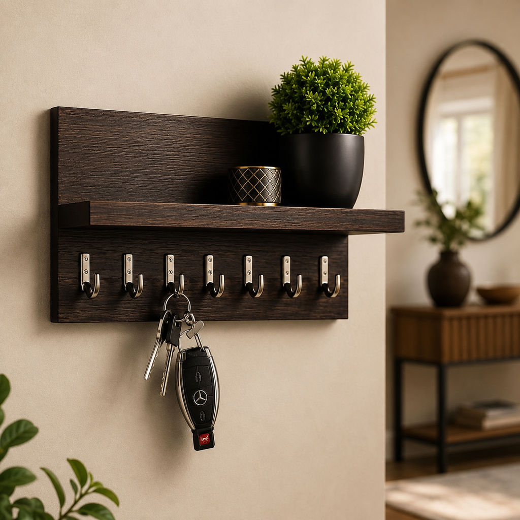 Dark walnut 7-hook key holder shelf with green plant and gold holder on display shelf in warm contemporary entryway