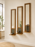 Set of 3 teak jaali wall mirrors with shelves in bright Indian contemporary entryway with olive tree