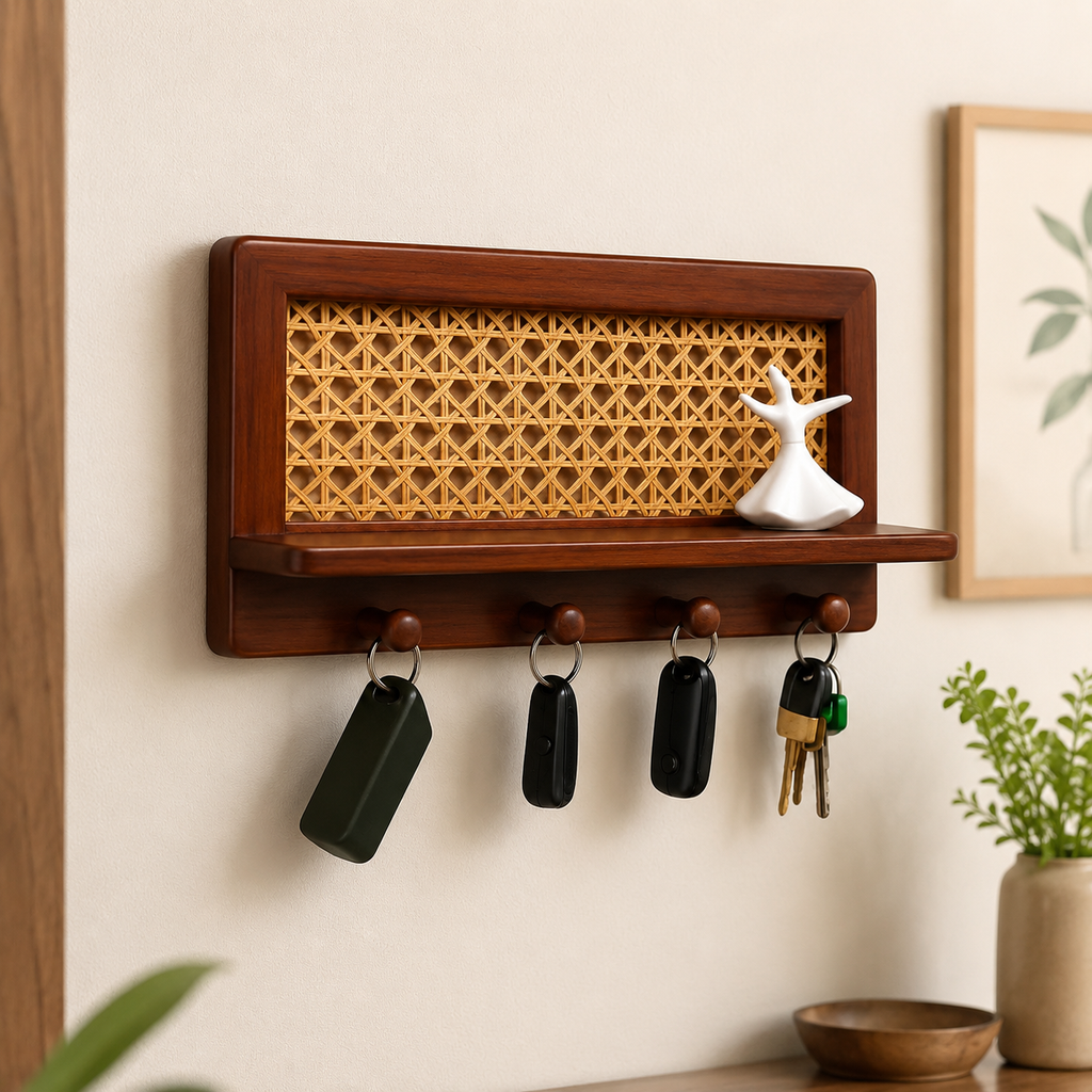 Oak wood key holder shelf with letter tray and bronze hooks in bright Japandi entryway with round mirror