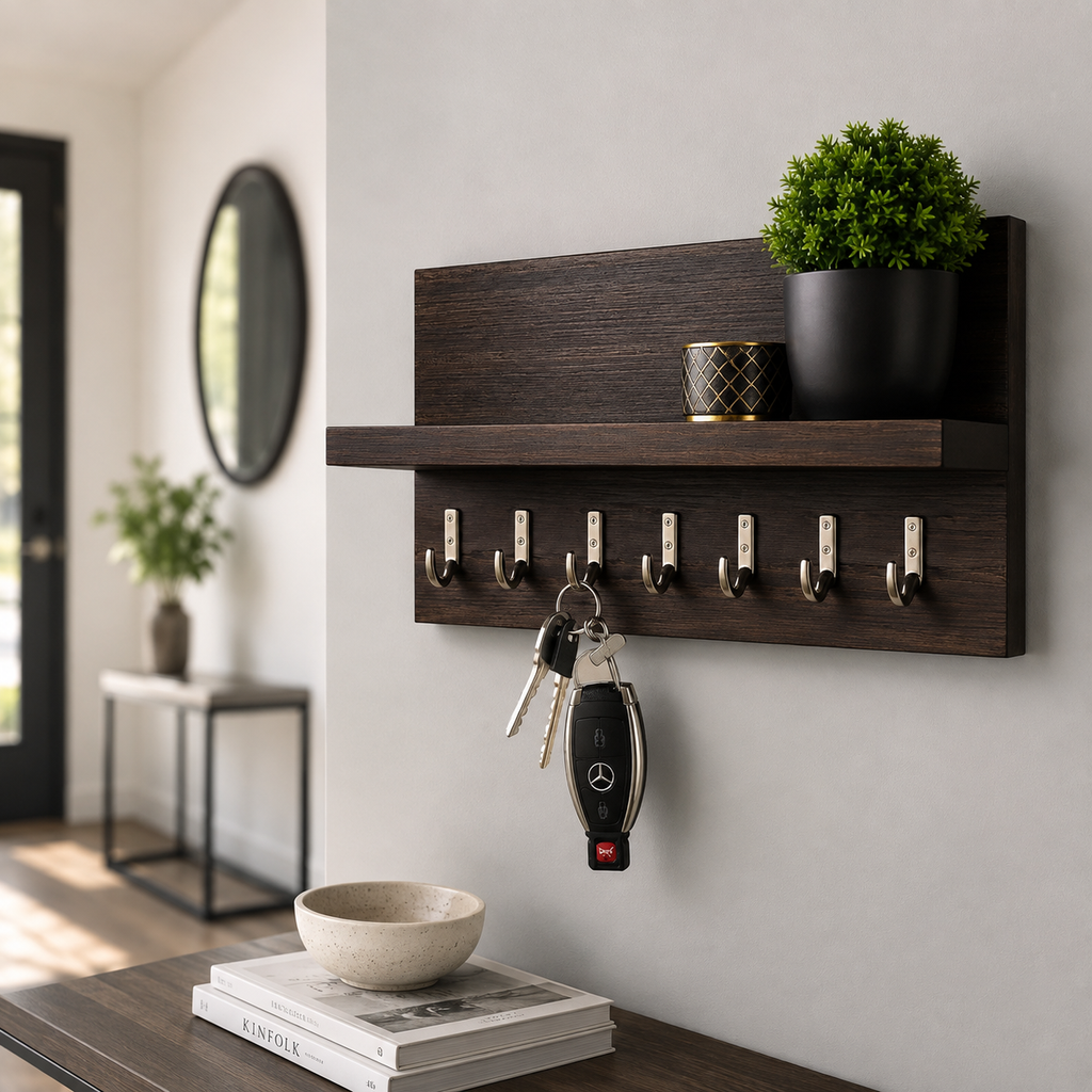 Dark espresso walnut key organiser shelf with nickel hooks and car keys in modern minimalist hallway
