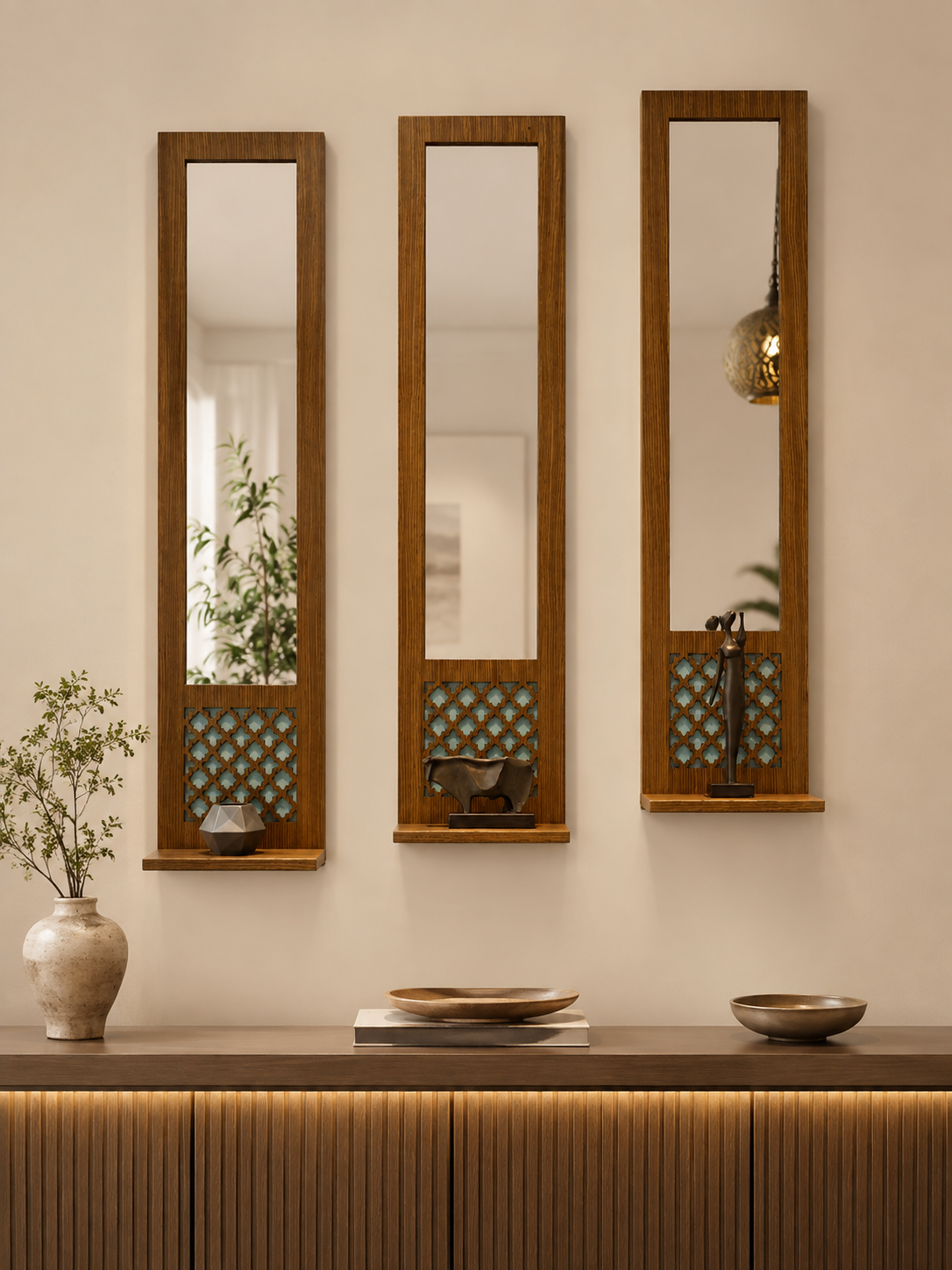 Teak jaali mirror triptych above fluted wood sideboard with ceramic vase and brass bowls in amber-lit living room