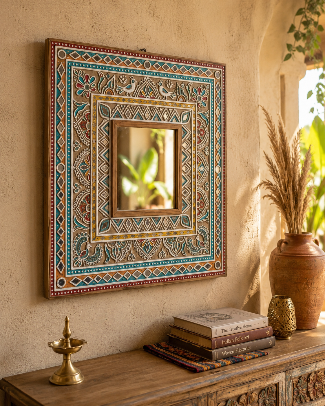 Kutchi folk art hand-painted mirror on warm plaster wall above carved wood sideboard with brass diya and pampas vase
