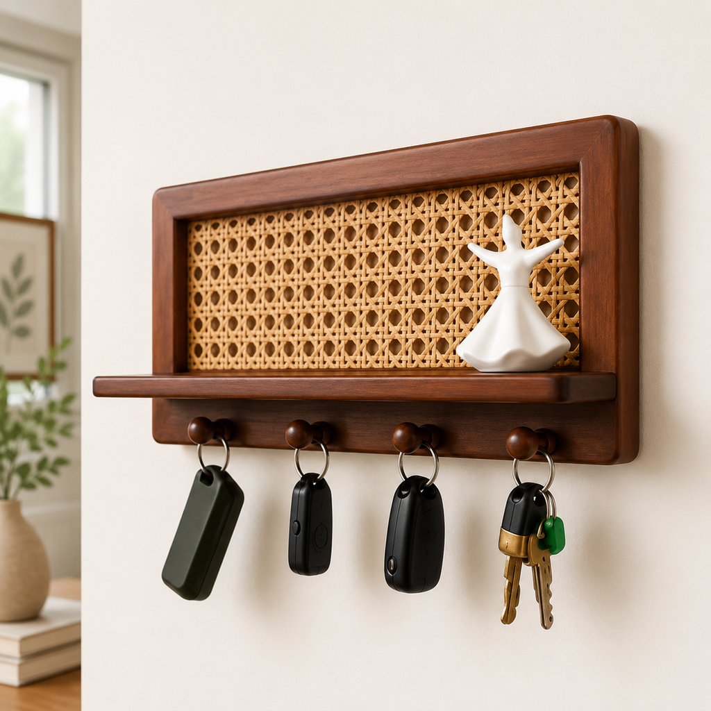 Oak entryway shelf with mail slot and coat hanging from hook in warm minimalist hallway with wood furniture