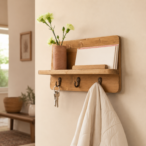 Dark walnut key holder shelf with 7 nickel hooks and car keys hanging in Kinfolk-styled contemporary hallway