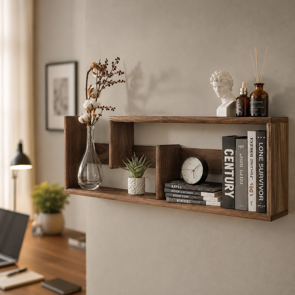 Asymmetric walnut floating shelf above desk with vase, succulent, clock and stacked books in warm home office