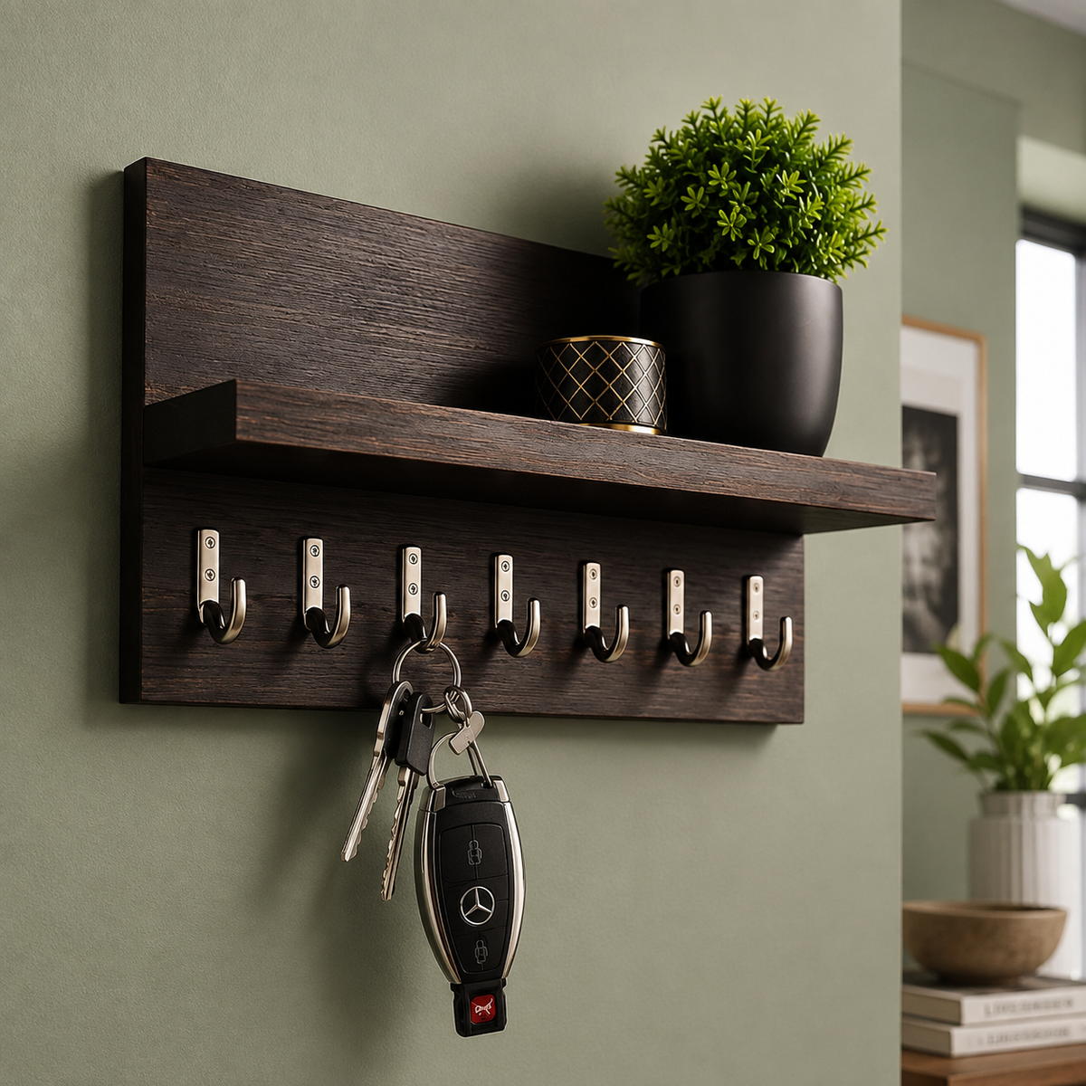 Wide dark walnut key holder shelf with plant pot and gold candle on shelf against sage green wall