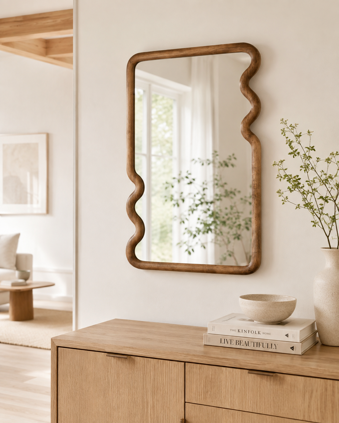 Wavy wood frame mirror above oak sideboard with white ceramic bowl and dried branches in sunlit minimalist hallway