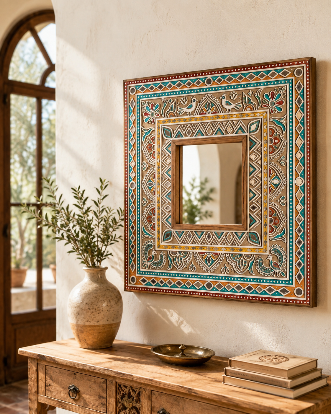 Large Kutchi folk art mirror above rustic wood console with ceramic vase and brass bowl in arched Indian entryway