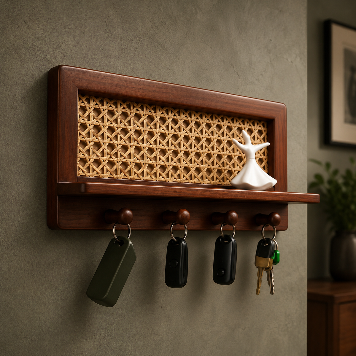 Oak key organiser shelf with 3 hooks and keys hanging in sunlit neutral entryway with plant in background