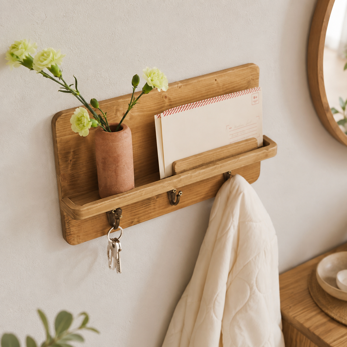 Wide dark walnut key organiser shelf above console table with ceramic bowl and art books in sage green hallway