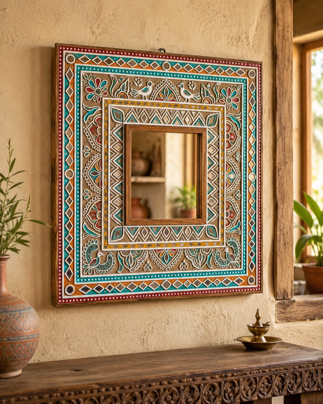 Hand-painted Kutchi mirror on textured wall above carved Indian wood table with brass diya and terracotta pot
