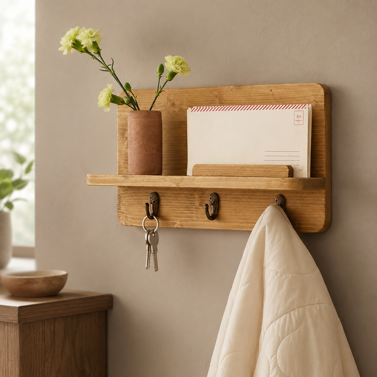 Dark walnut 7-hook entryway shelf with plant and gold pot on display shelf in warm amber-lit entryway