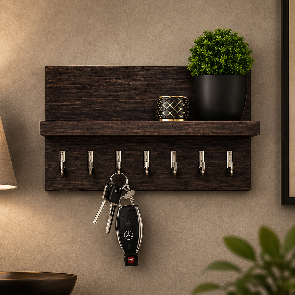 Dark walnut entryway key holder shelf with 7 hooks, keys hanging, and black plant pot in warm amber-lit hallway