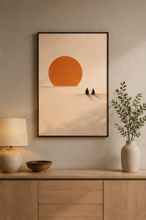 Terracotta sun canvas above oak sideboard with round ceramic lamp and green botanical vase