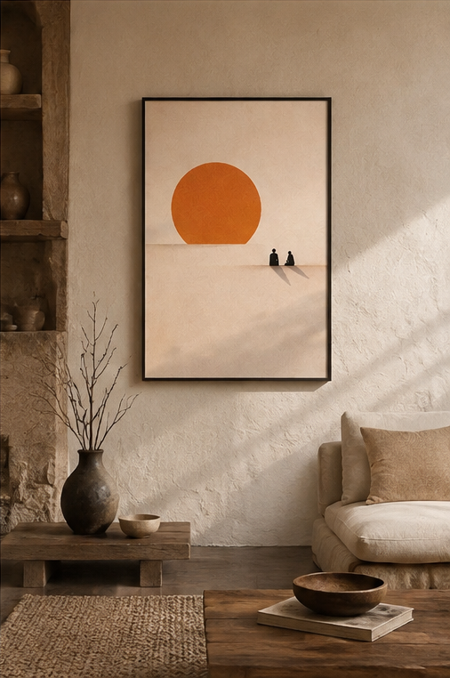 Large terracotta sun minimalist canvas above rustic wood coffee table in warm wabi-sabi living room