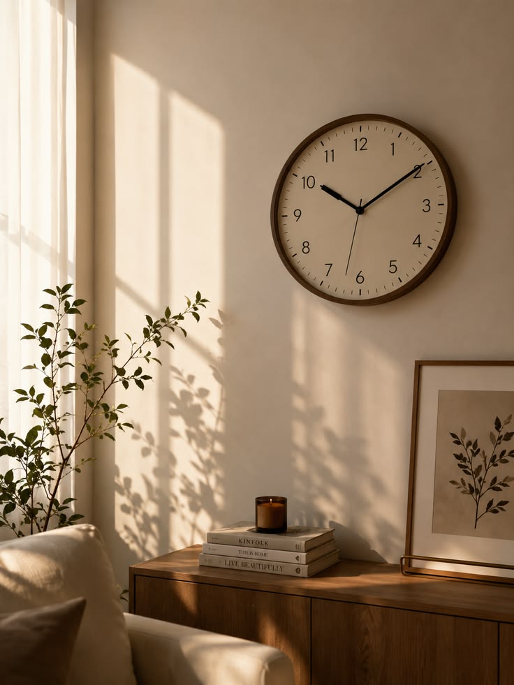Simple and aesthetic wall clock with numbered dial in warm room
